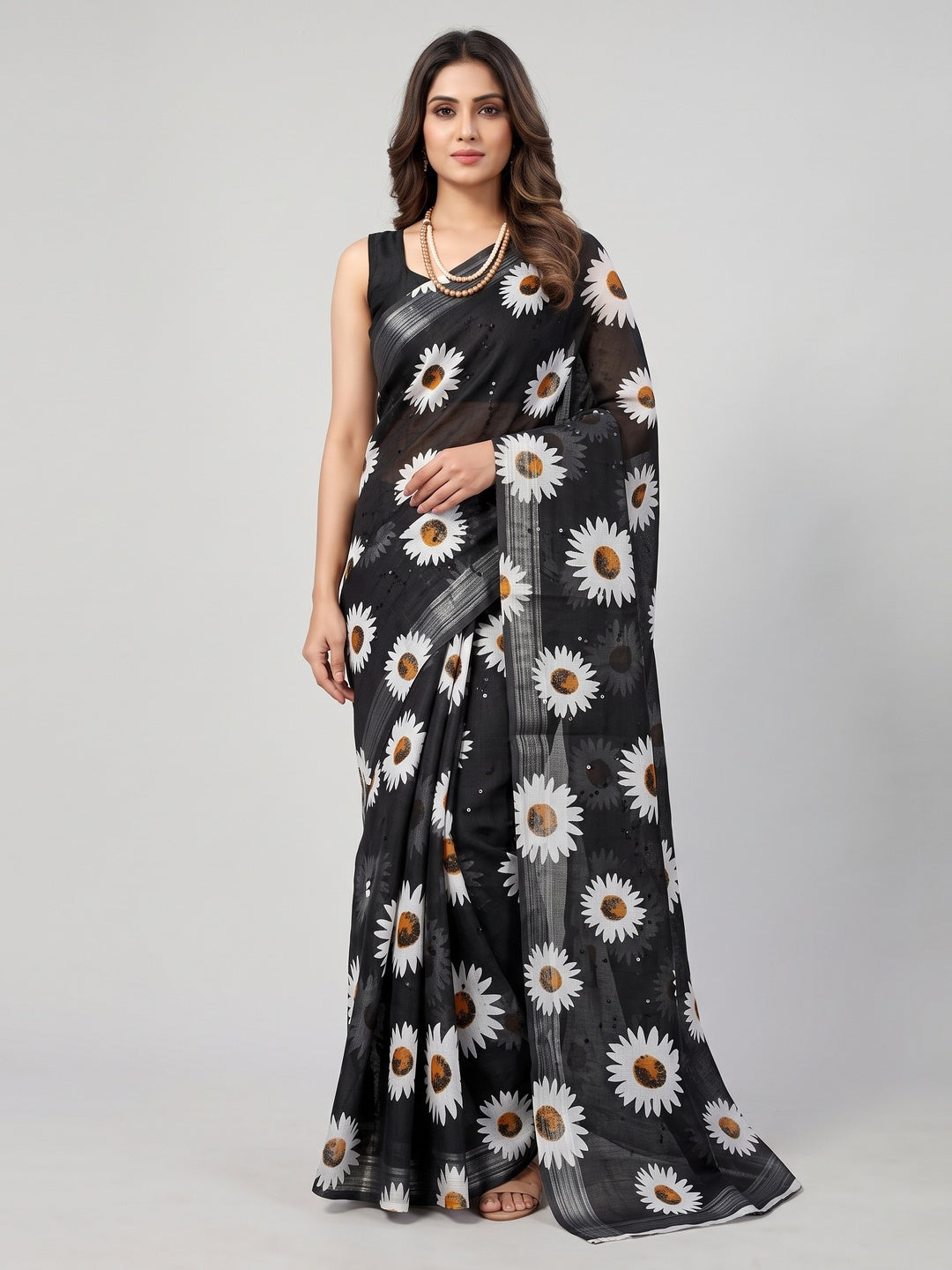 Black Floral Digital Printed Linen Saree - Image 1