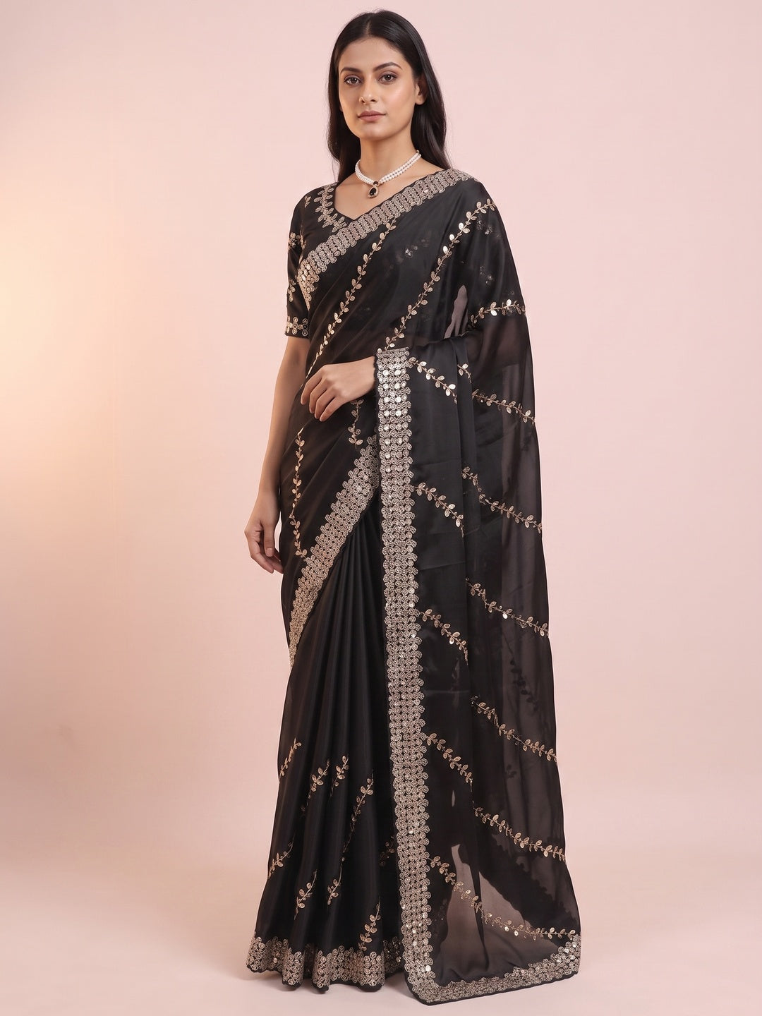 Black Sequins Embroidered Satin Saree - Image 1