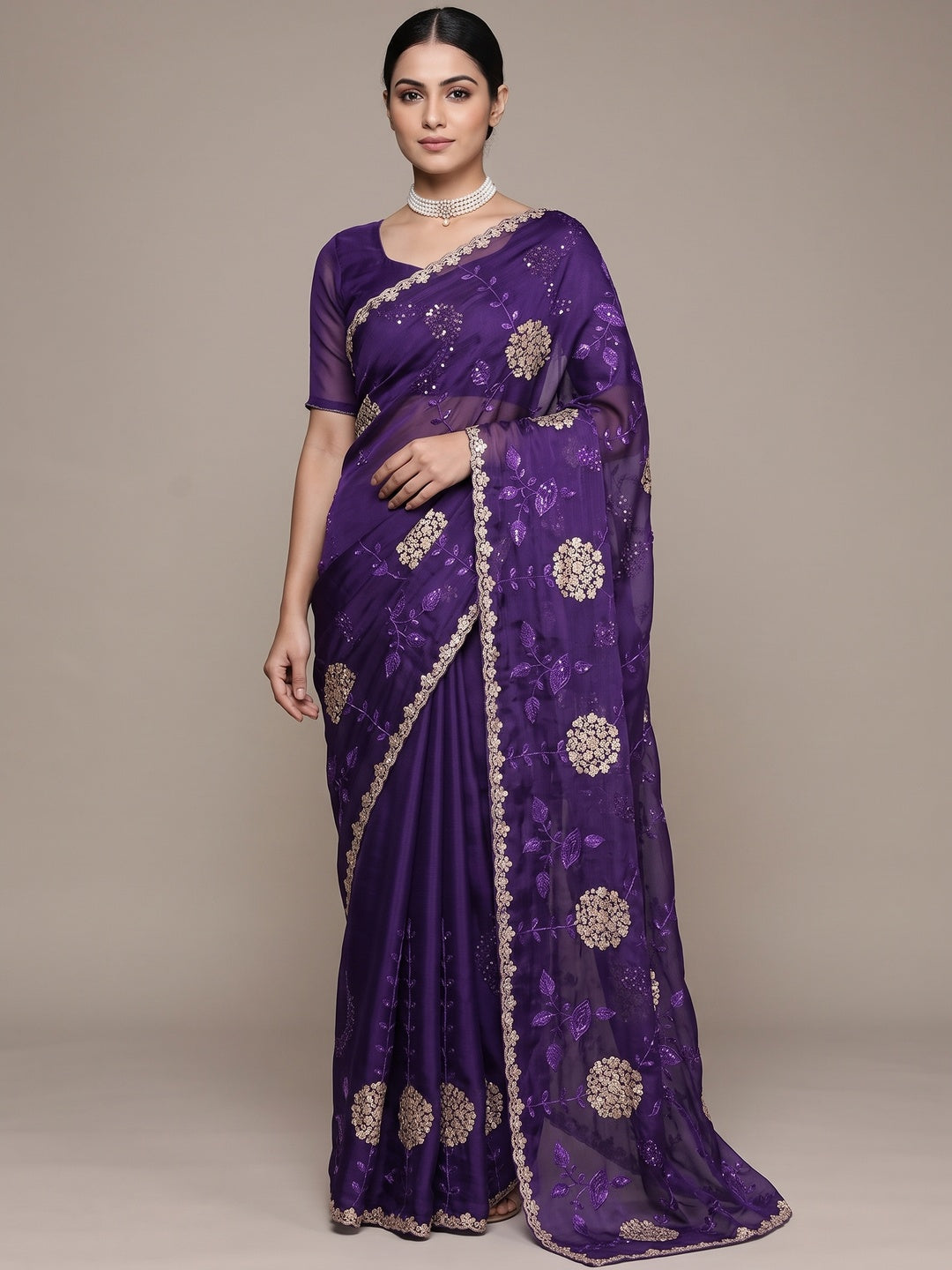 Violet Sequins Embroidered Chiffon Saree - Image 1