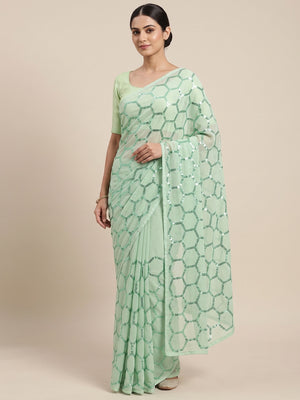 Pista Green Sequins Embroidered Georgette Saree - Image 1