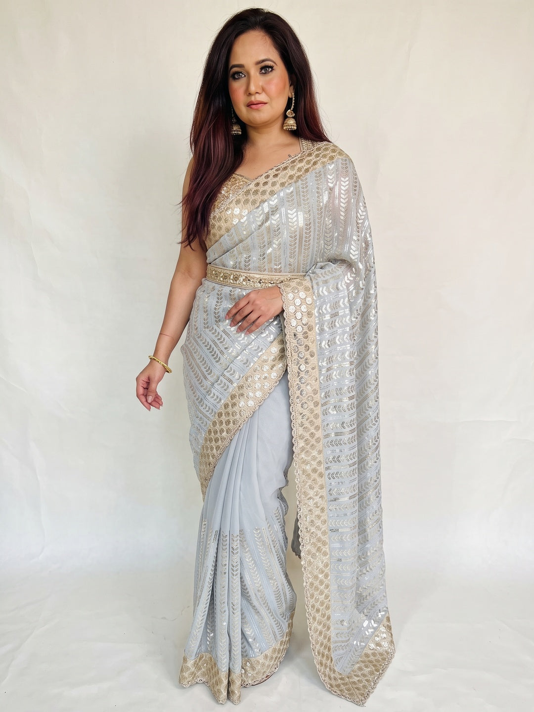 Grey Sequins Embroidered Georgette Saree - Image 1