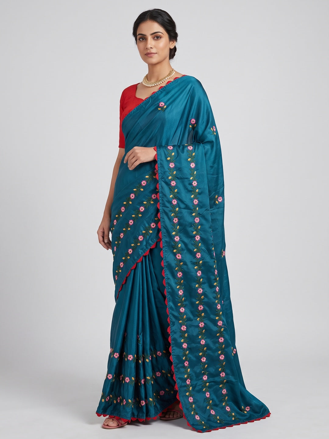 Rama Blue Casual Wear Floral Embroidered Dola Silk Saree - Image 1