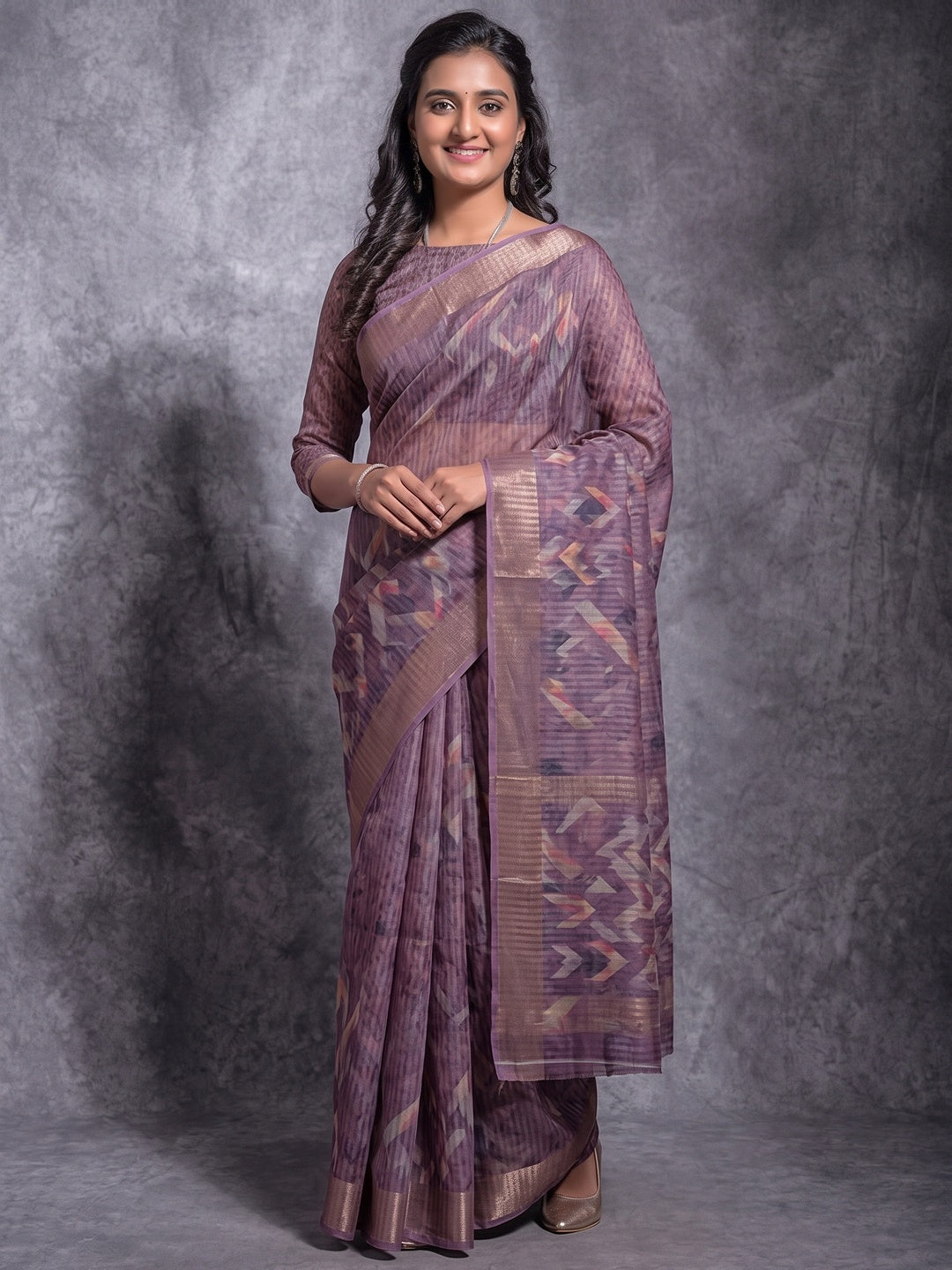 Purple Digital Printed Linen Saree With Woven Border - Image 1