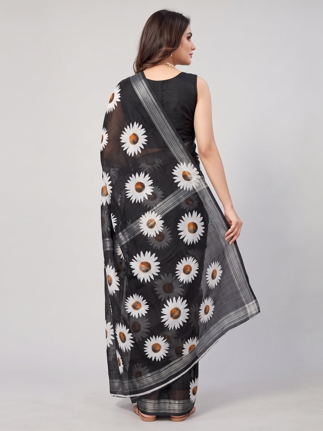Black Floral Digital Printed Linen Saree - Image 2