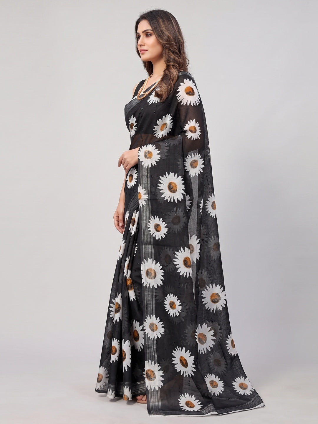 Black Floral Digital Printed Linen Saree - Image 3