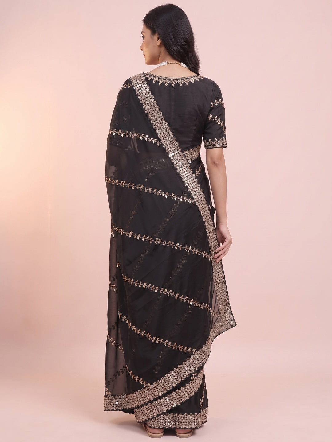 Black Sequins Embroidered Satin Saree - Image 3