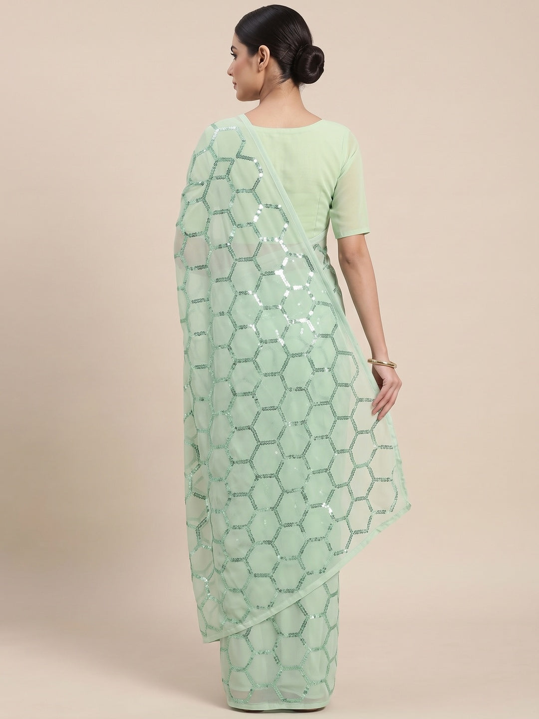 Pista Green Sequins Embroidered Georgette Saree - Image 2