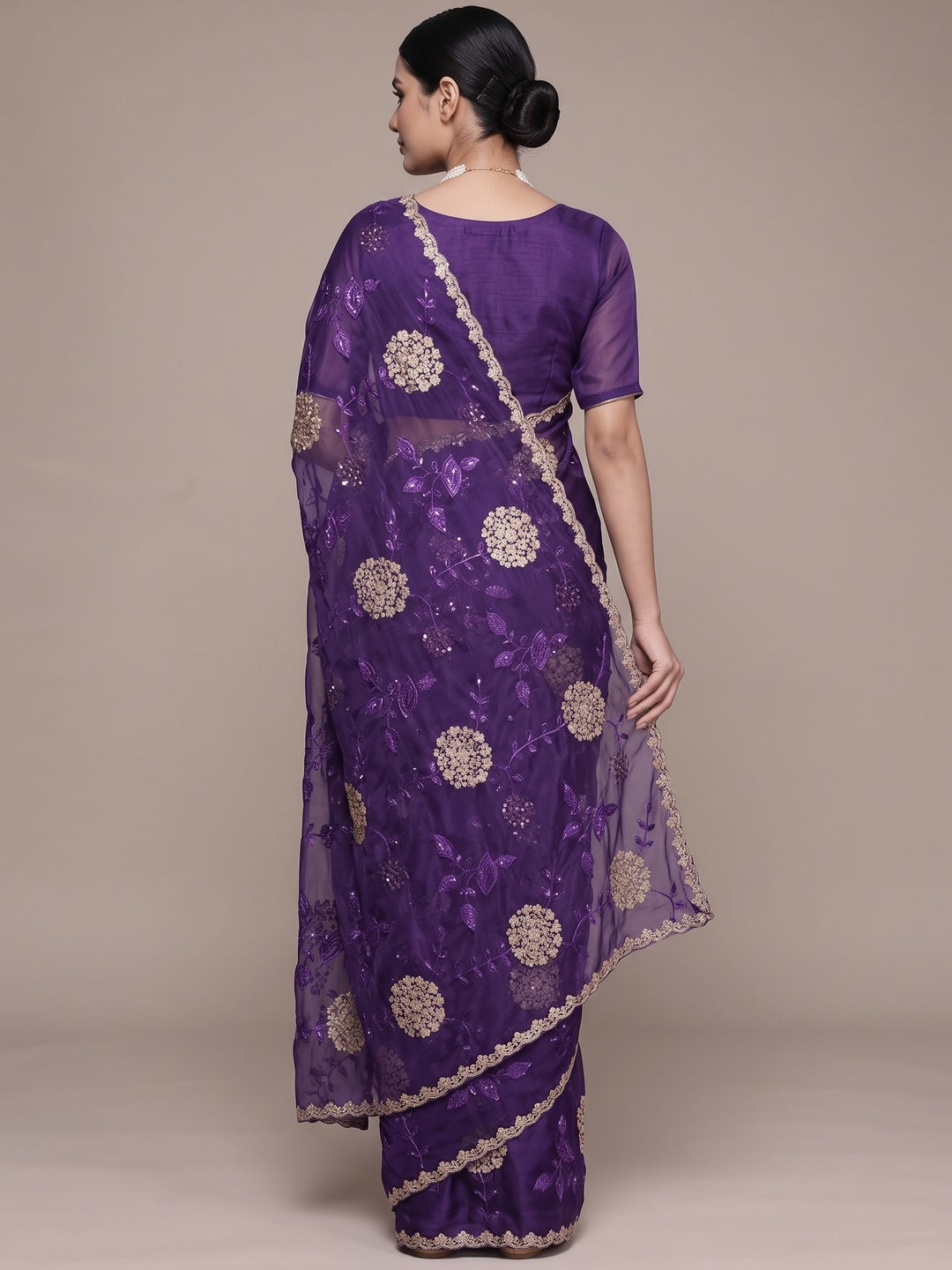 Violet Sequins Embroidered Chiffon Saree - Image 3