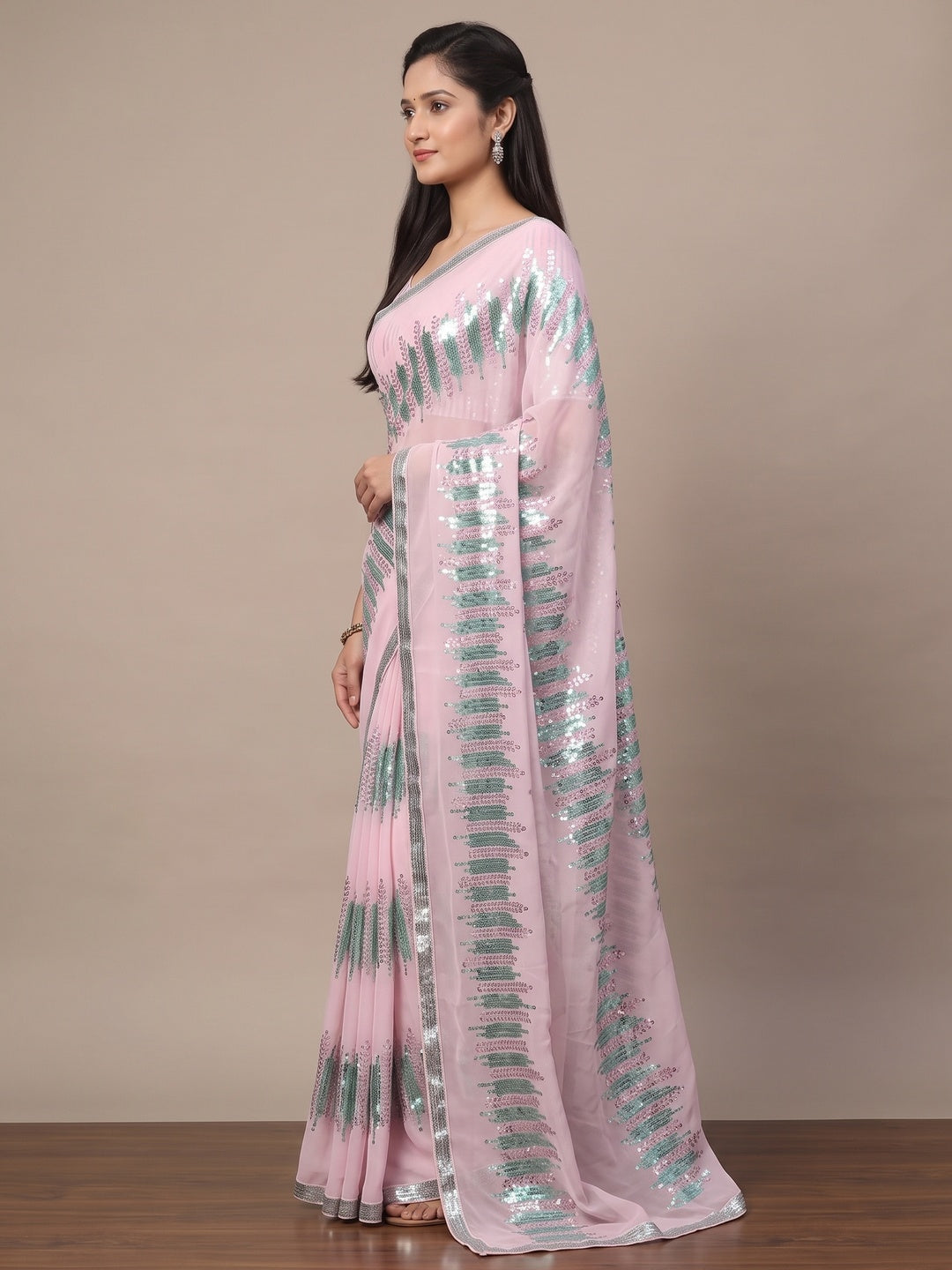 Pink Sequins Embroidered Georgette Saree - Image 7