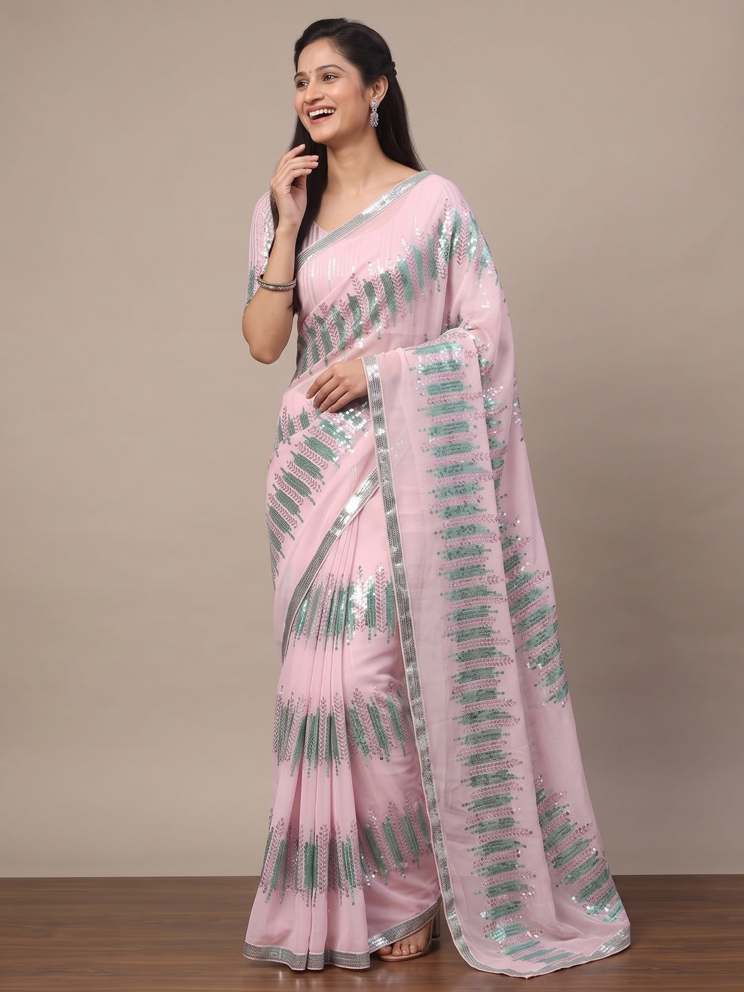 Pink Sequins Embroidered Georgette Saree - Image 8