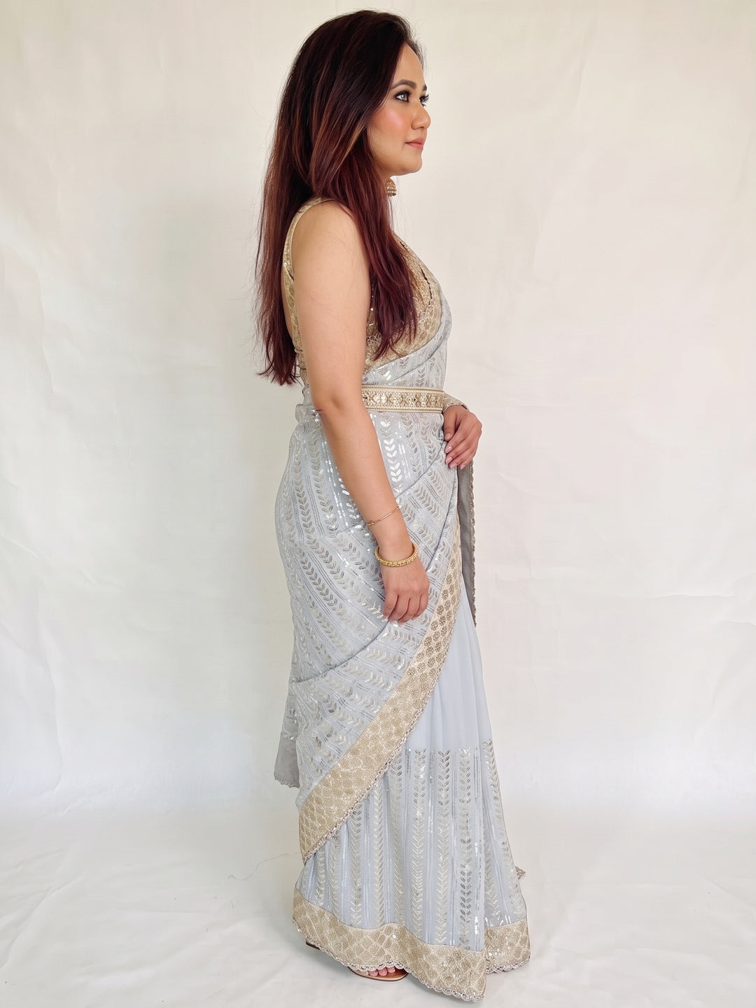 Grey Sequins Embroidered Georgette Saree - Image 4