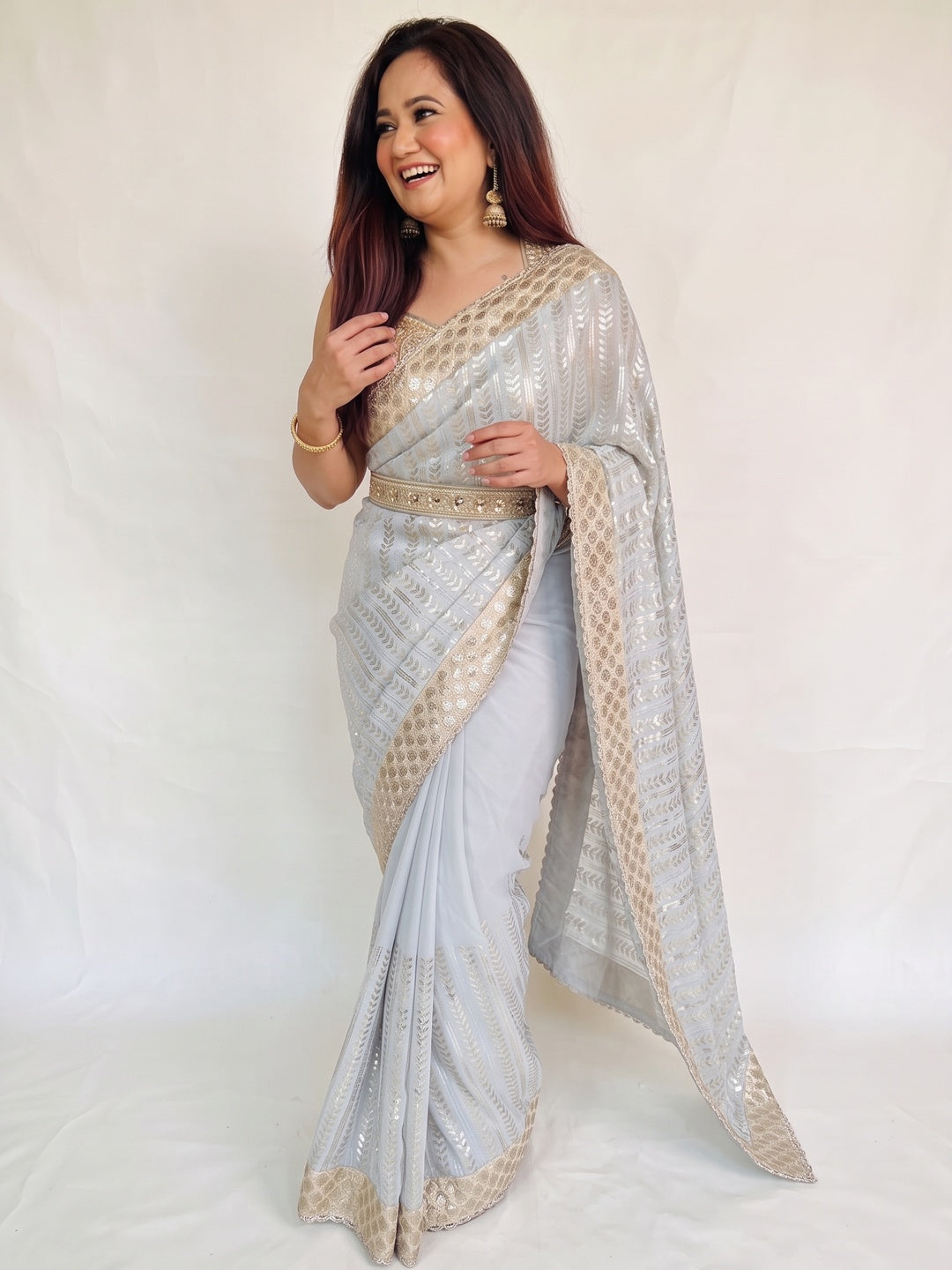 Grey Sequins Embroidered Georgette Saree - Image 5