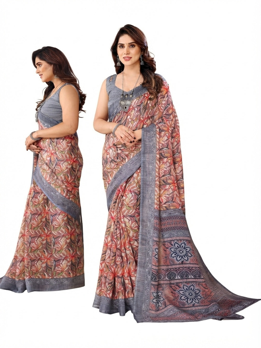 Mauve & Grey Floral Printed Kota Doria Saree - Image 3