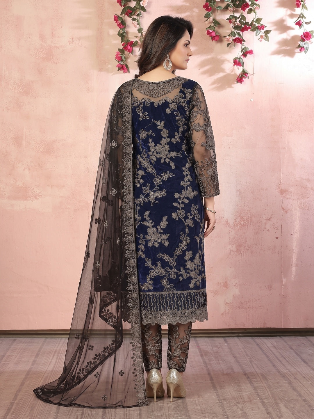 Blue Floral Embroidered Net Semi Stitched Suit - Image 2