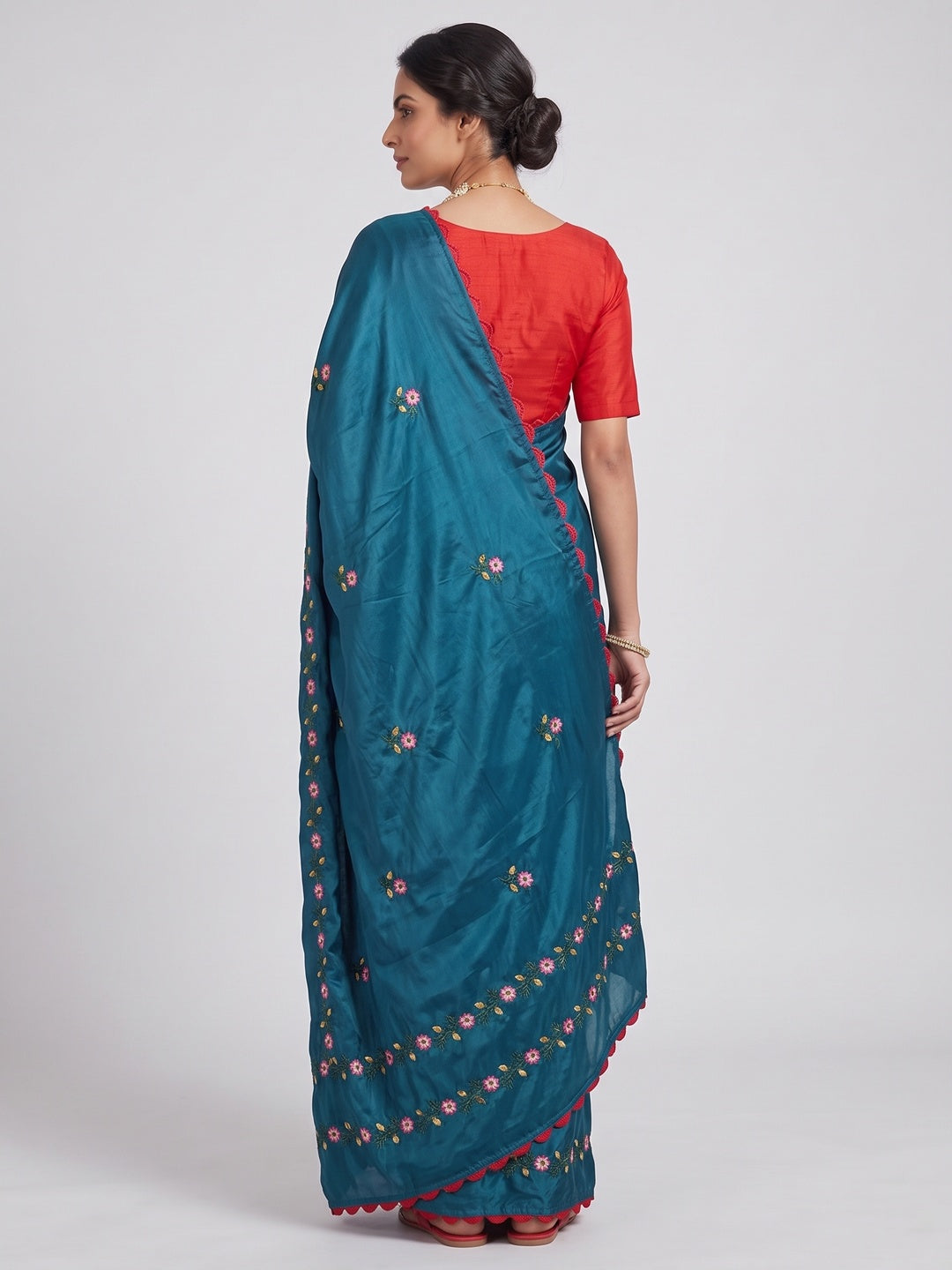 Rama Blue Casual Wear Floral Embroidered Dola Silk Saree - Image 2