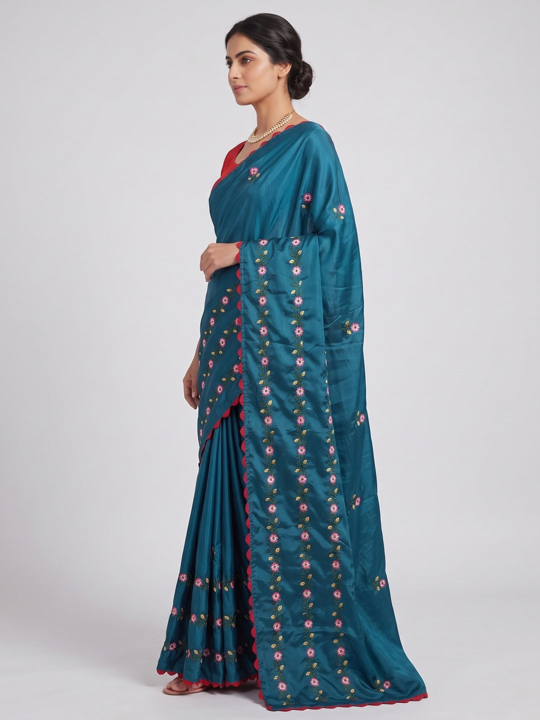 Rama Blue Casual Wear Floral Embroidered Dola Silk Saree - Image 3