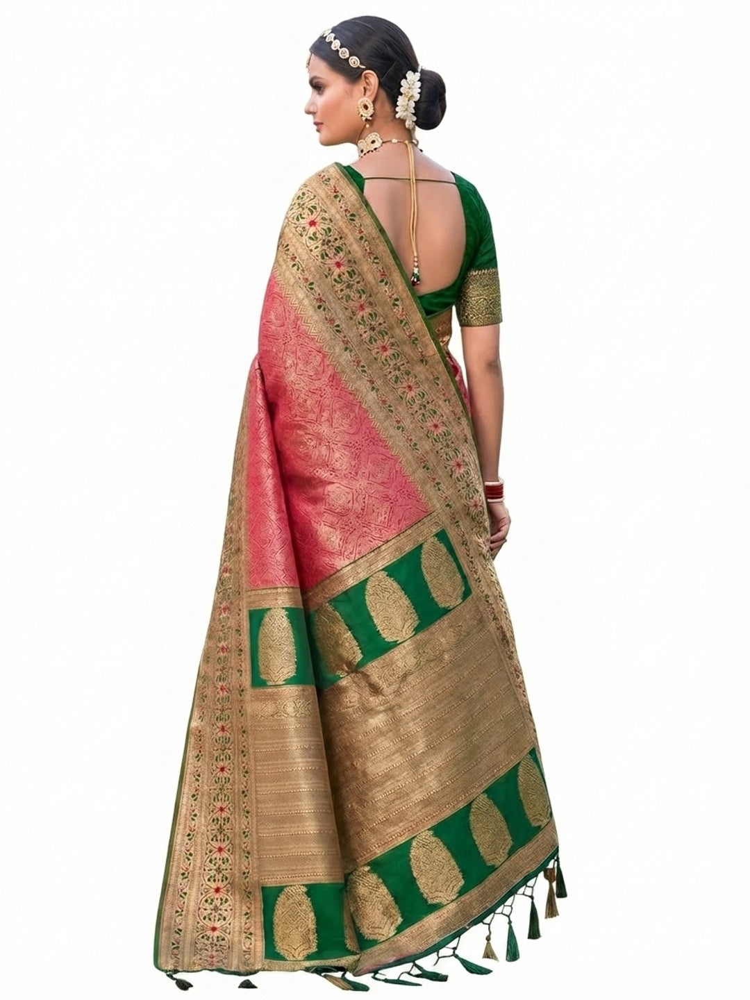 Pink Woven Kanjivaram Silk Saree With Tassels - Image 3