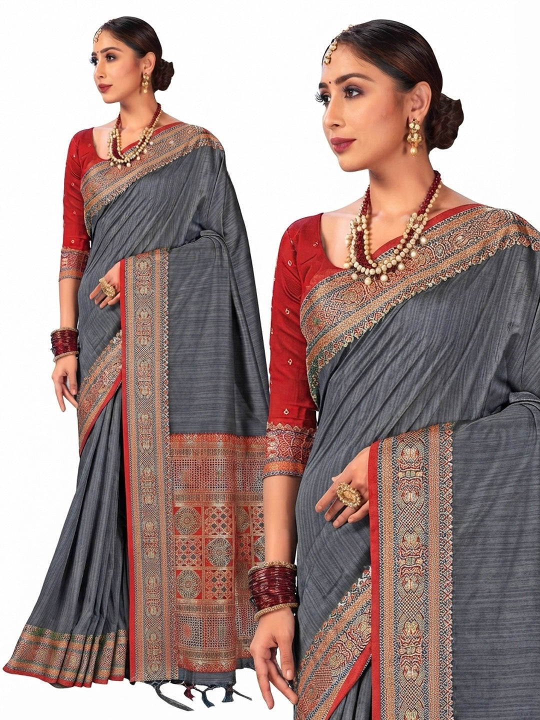 Grey Woven Art Silk Saree With Tassels - Image 4