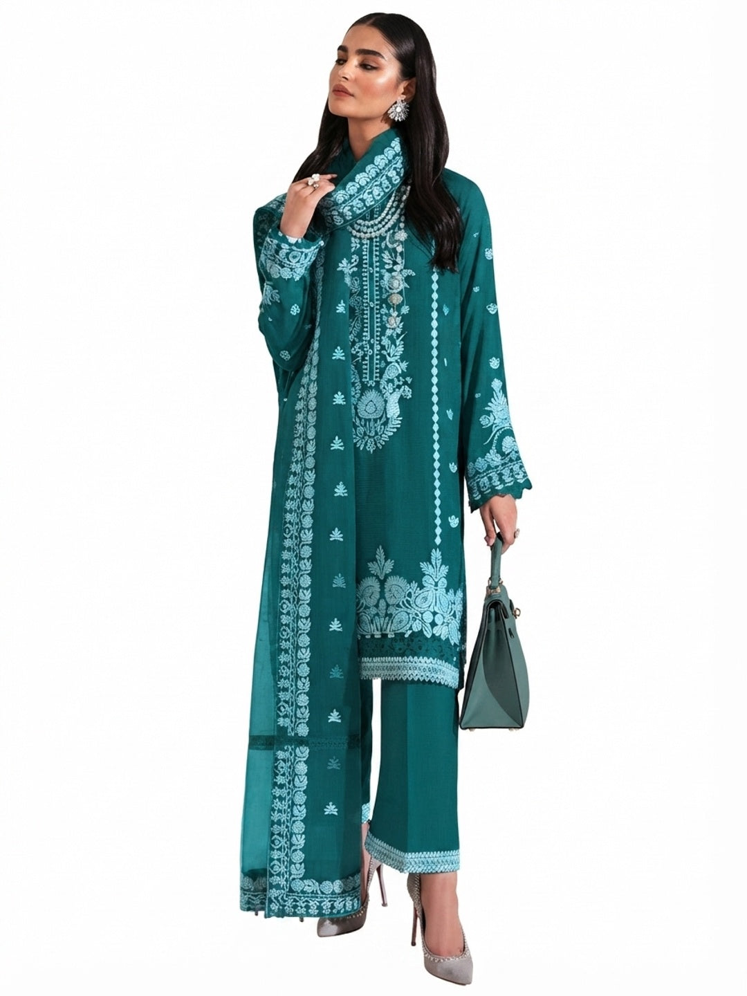 Teal Floral Embroidered Georgette Semi Stitched Pakistani Suit - Image 4