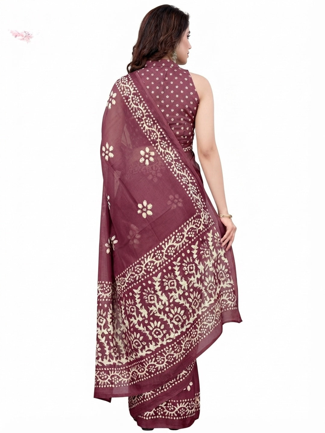 Wine Floral Printed Chiffon Saree - Image 5