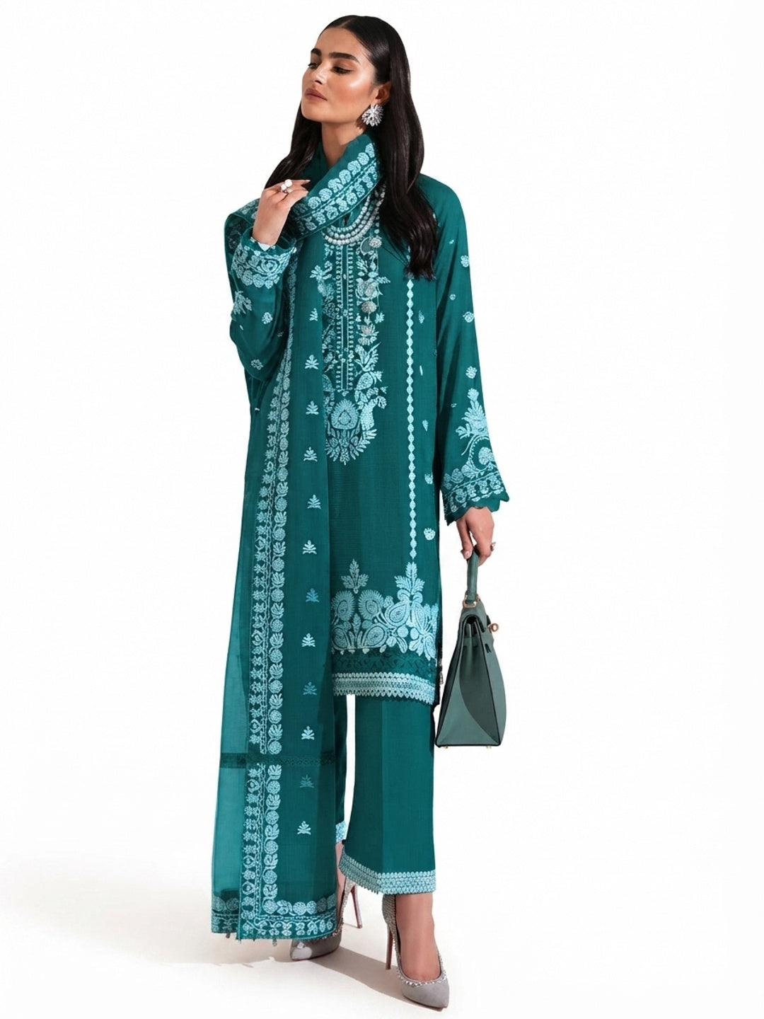 Teal Floral Embroidered Georgette Semi Stitched Pakistani Suit - Image 5