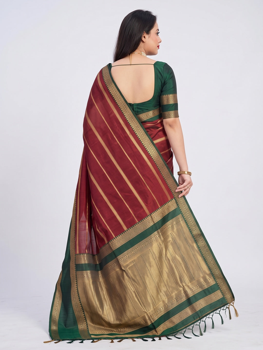 Maroon Woven Banarasi Silk Saree with Tassels - Image 2