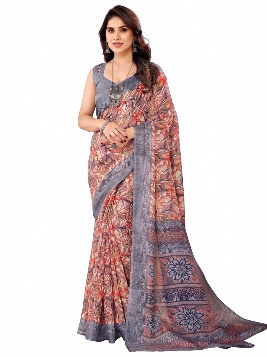 Mauve & Grey Floral Printed Kota Doria Saree - Image 11