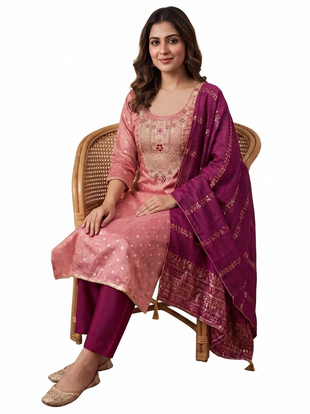 Pink Shimmer Unstitched Dress Material with Zari and Thread Work - Image 8