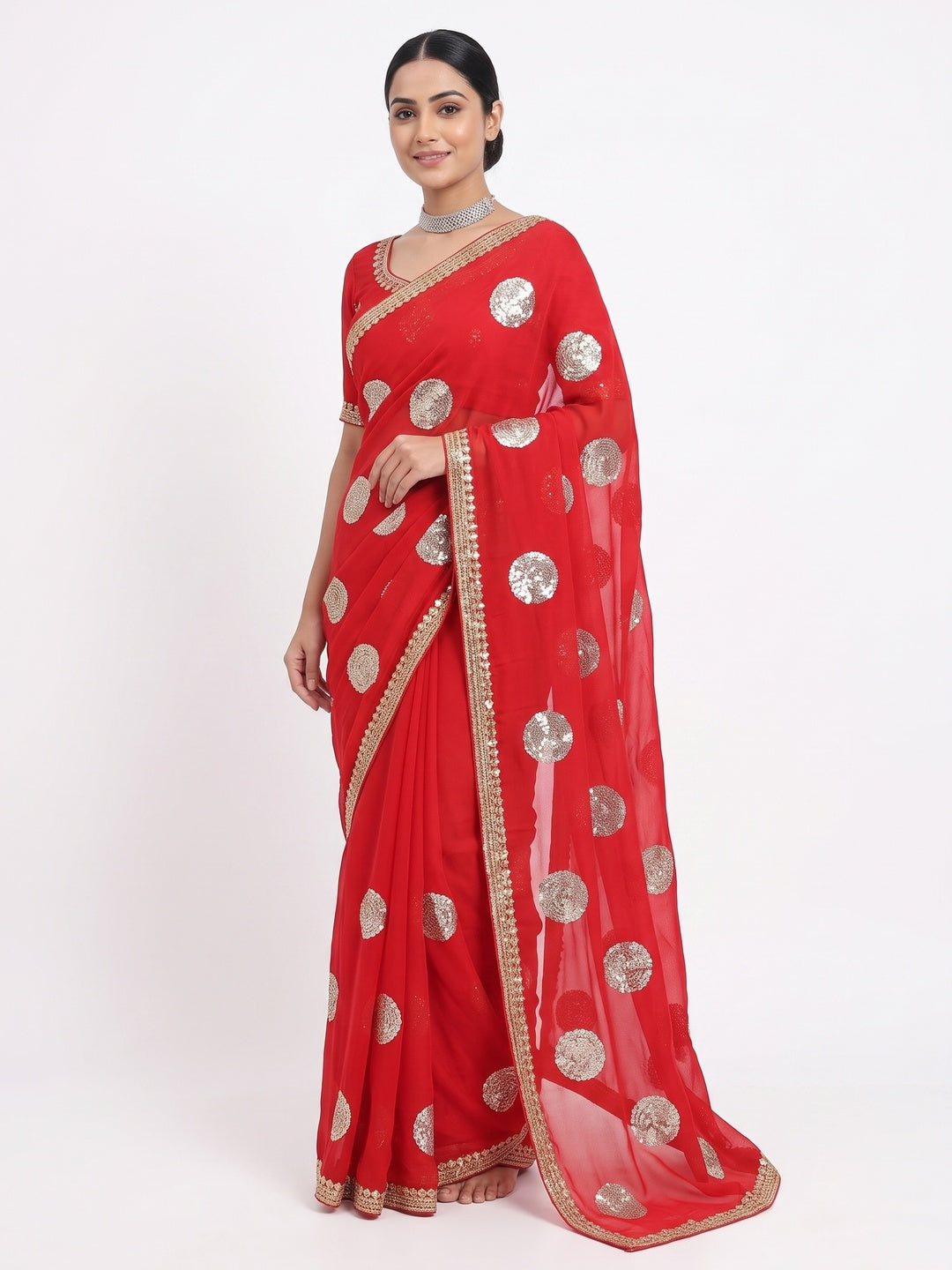 Red Sequins Embroidered Chiffon Saree - Image 1