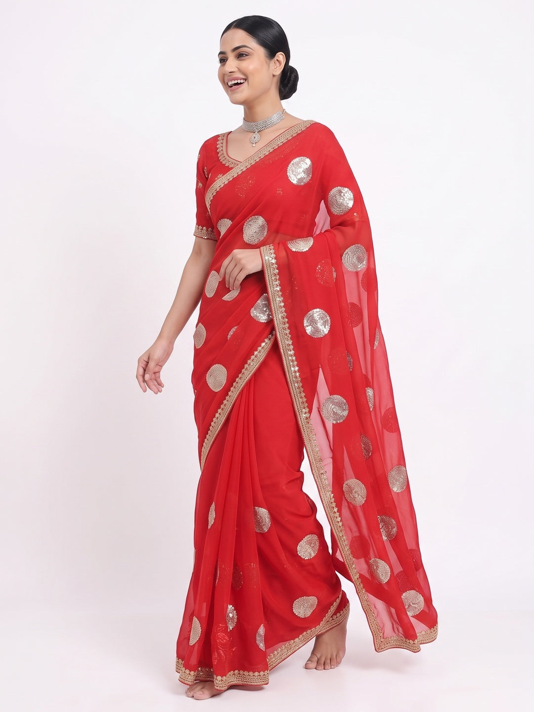 Red Sequins Embroidered Chiffon Saree - Image 5