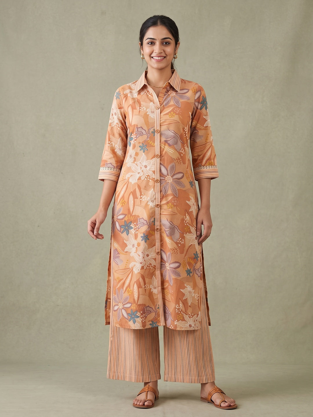 Peach Pure Cotton Floral Printed Top Bottom Set - Image 1