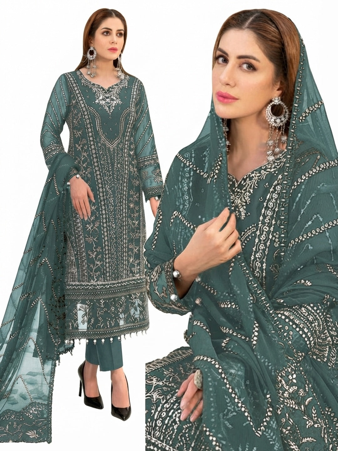 Green Floral Embroidered Georgette Semi Stitched Pakistani Suit - Image 2