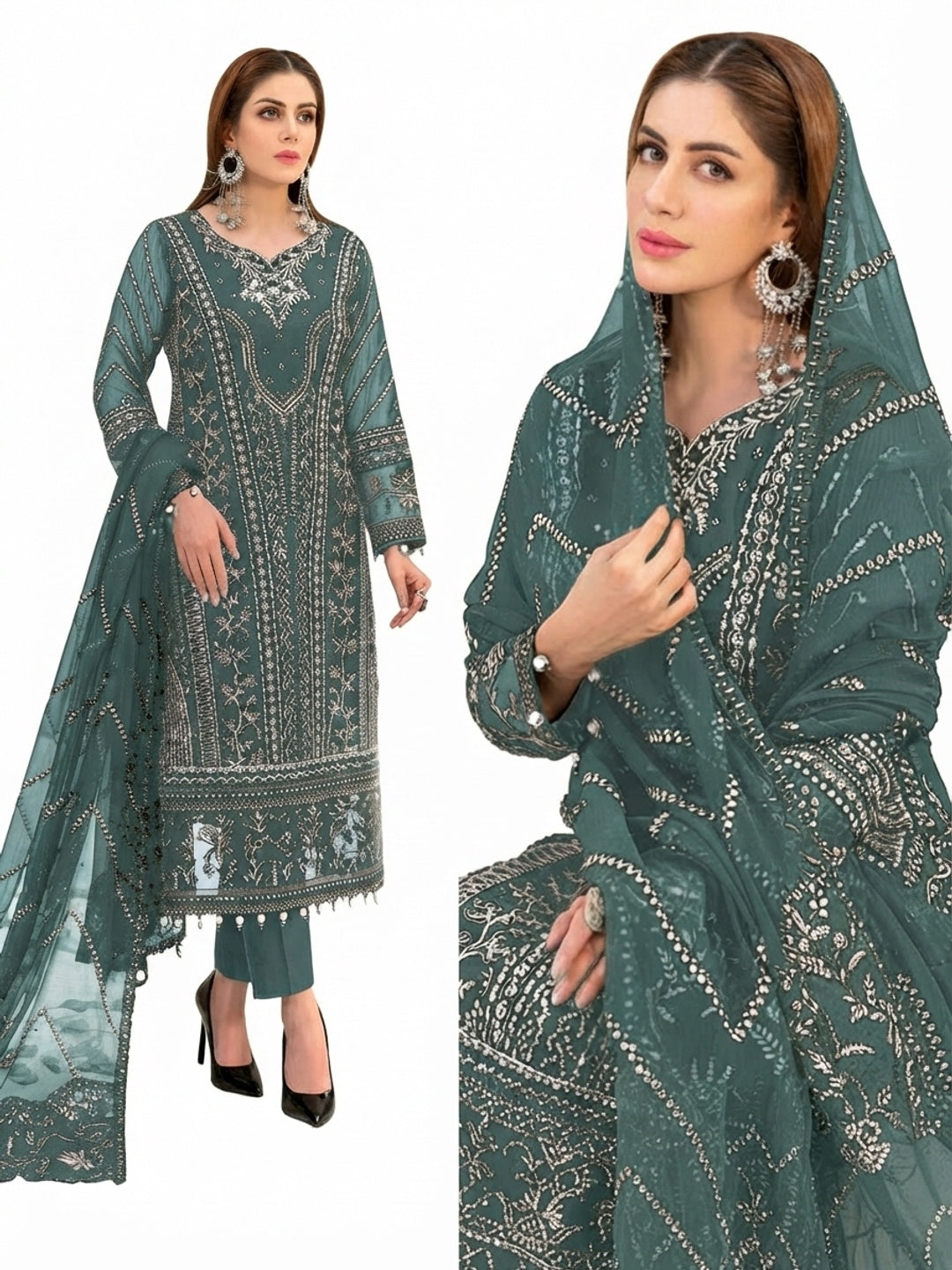 Green Floral Embroidered Georgette Semi Stitched Pakistani Suit - Image 3