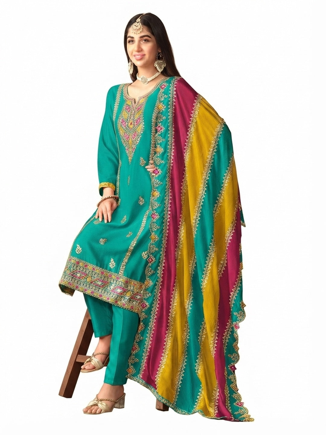 Rama Blue Floral Sequins Embroidered Chinon Silk Semi Stitched Salwar Suit - Image 3