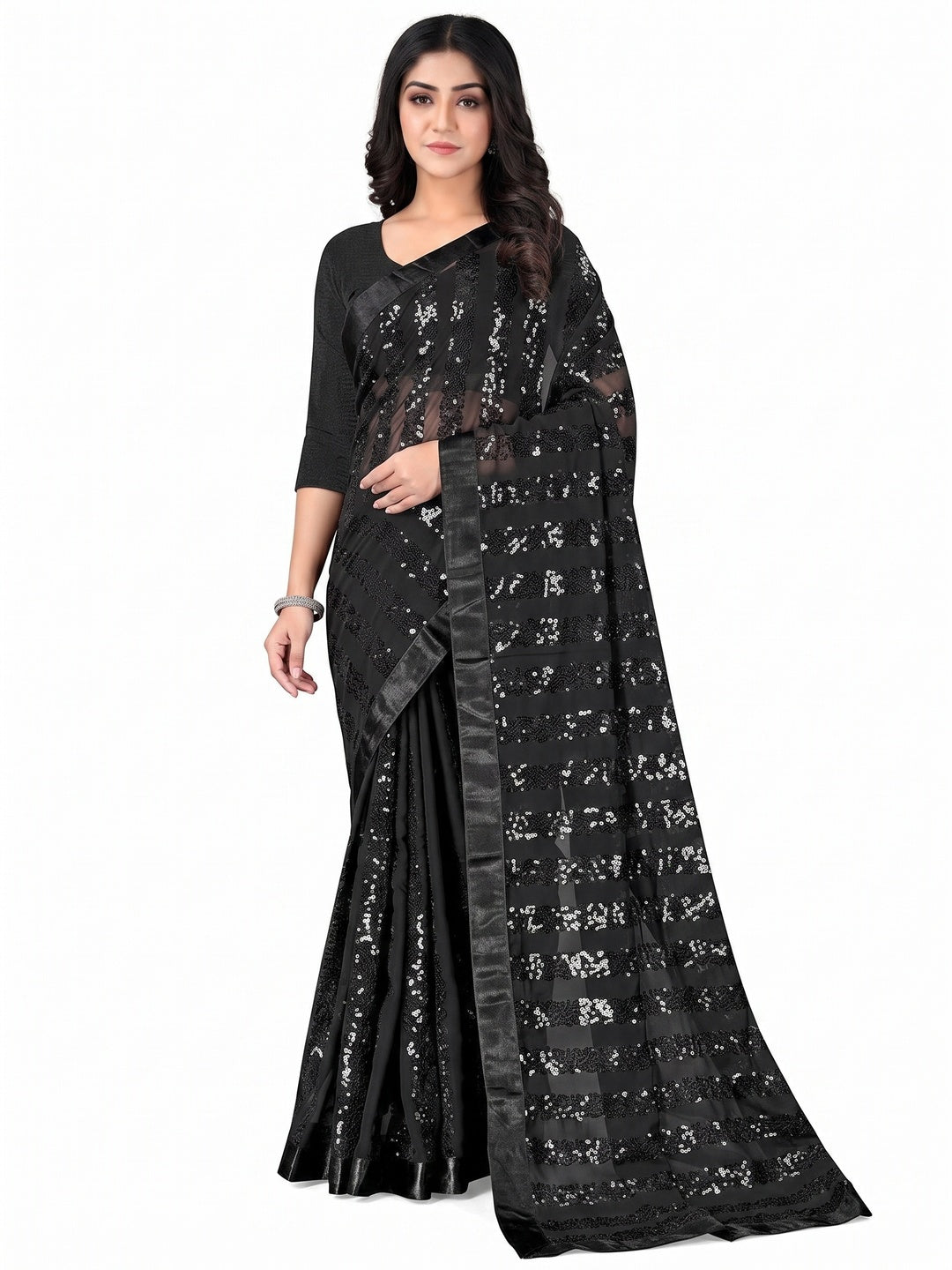 Black Sequins Embroidered Georgette Saree - Image 1