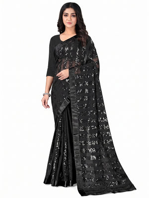 Black Sequins Embroidered Georgette Saree - Image 1