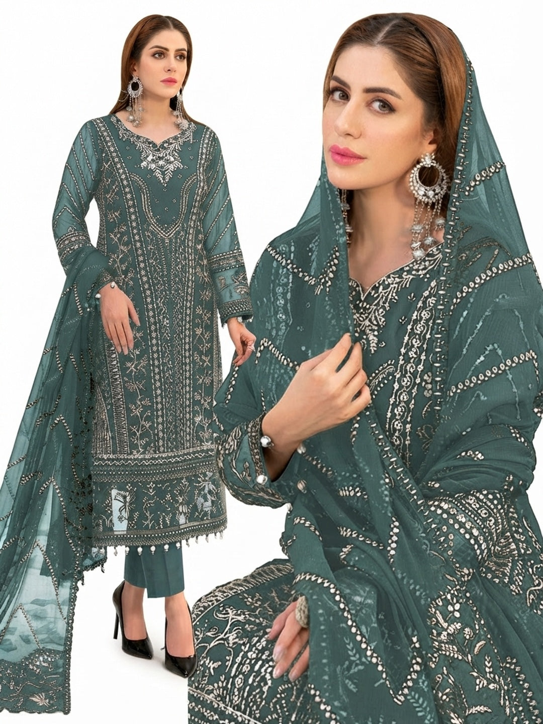 Green Floral Embroidered Georgette Semi Stitched Pakistani Suit - Image 4