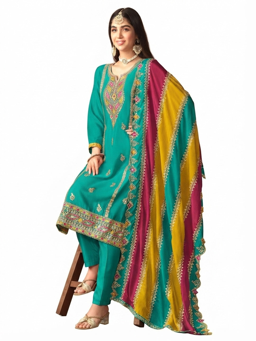 Rama Blue Floral Sequins Embroidered Chinon Silk Semi Stitched Salwar Suit - Image 4
