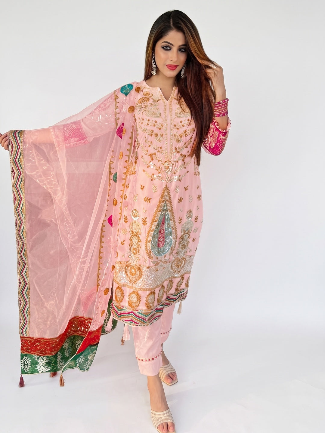 Pink Floral Sequins Embroidered Georgette Pakistani Suit - Image 1