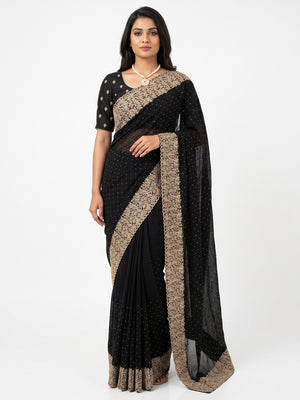 Black Zari Embroidered With Stonework Vichitra Silk Saree - Image 1