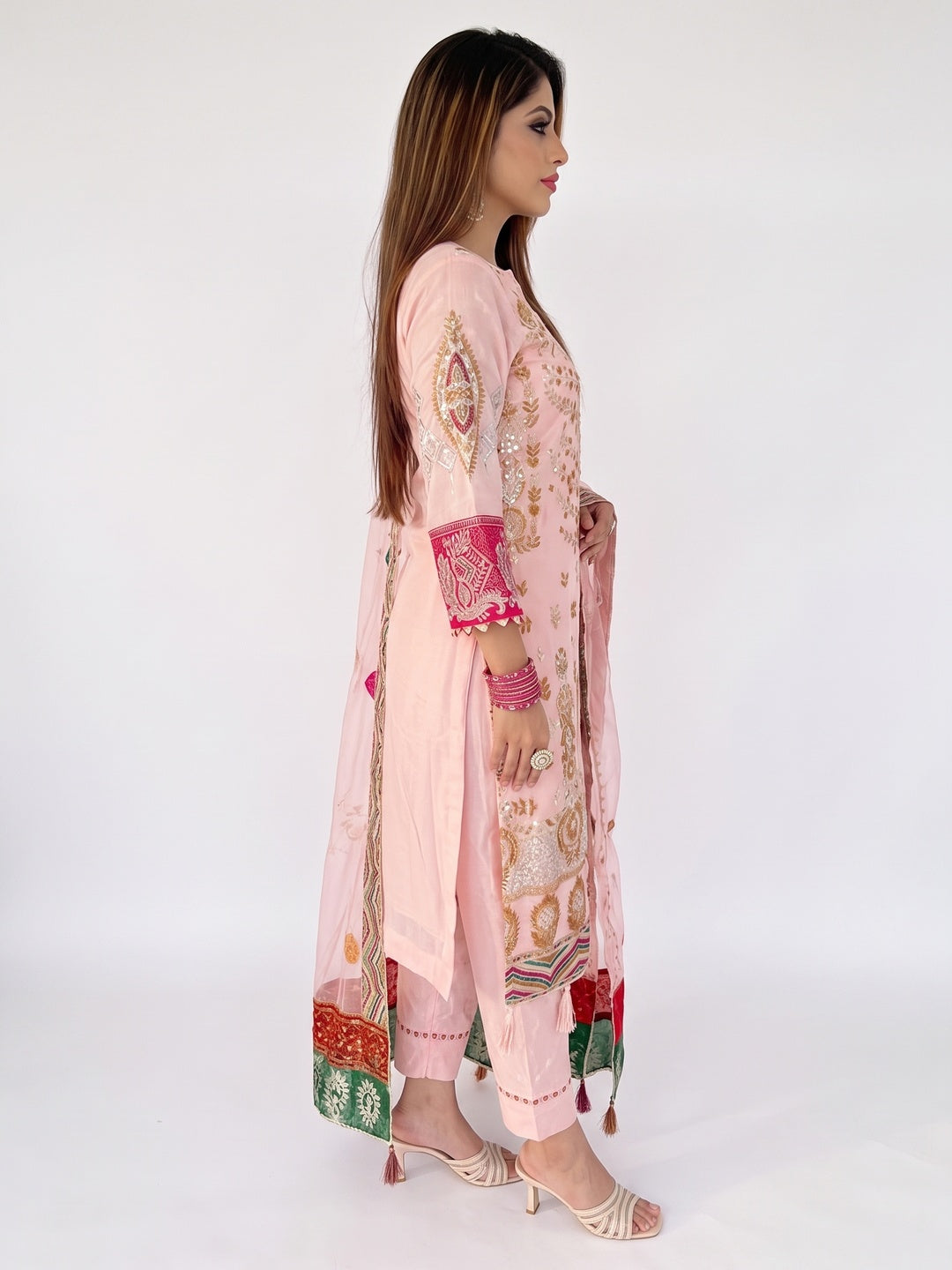 Pink Floral Sequins Embroidered Georgette Pakistani Suit - Image 3