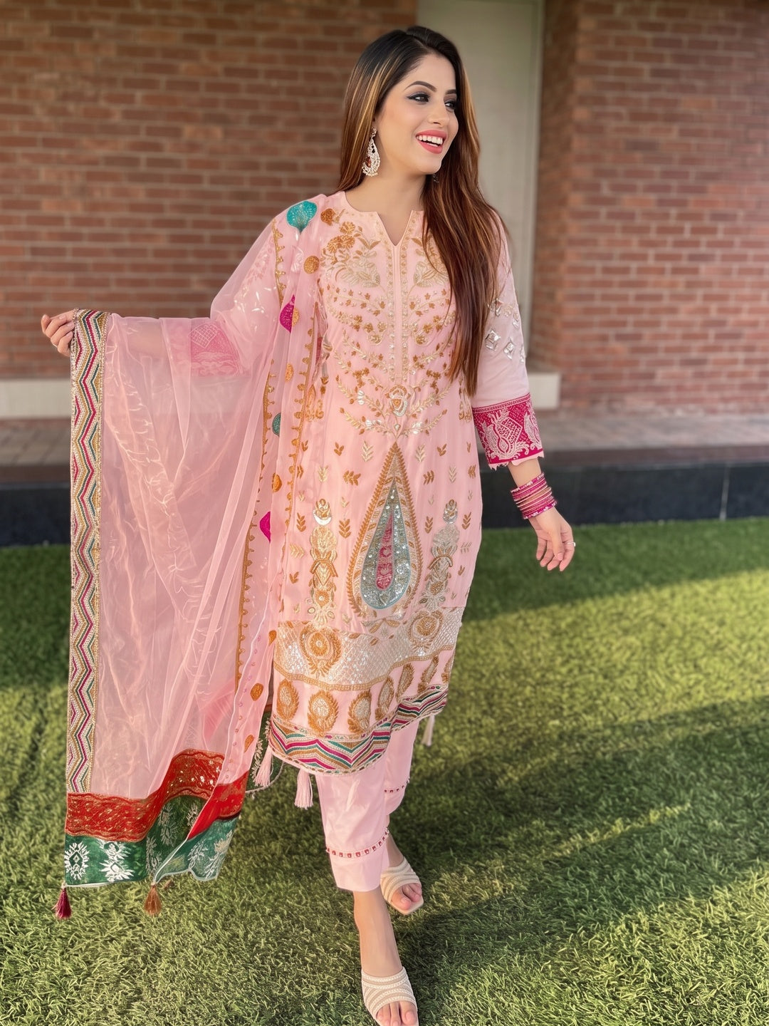 Pink Floral Sequins Embroidered Georgette Pakistani Suit - Image 4