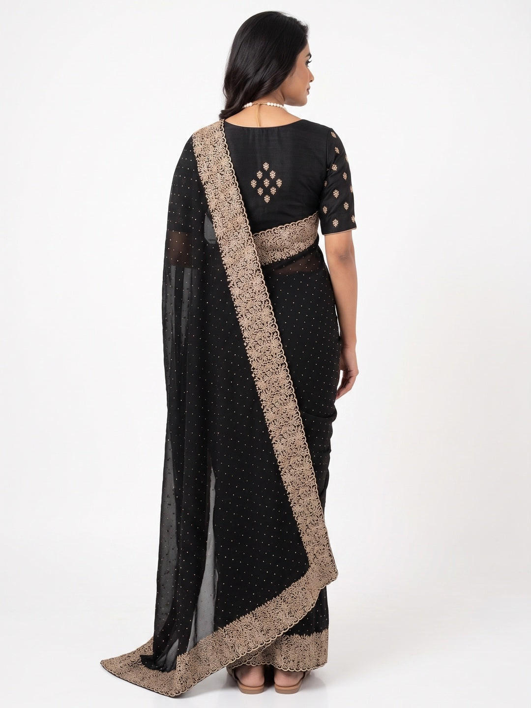 Black Zari Embroidered With Stonework Vichitra Silk Saree - Image 3