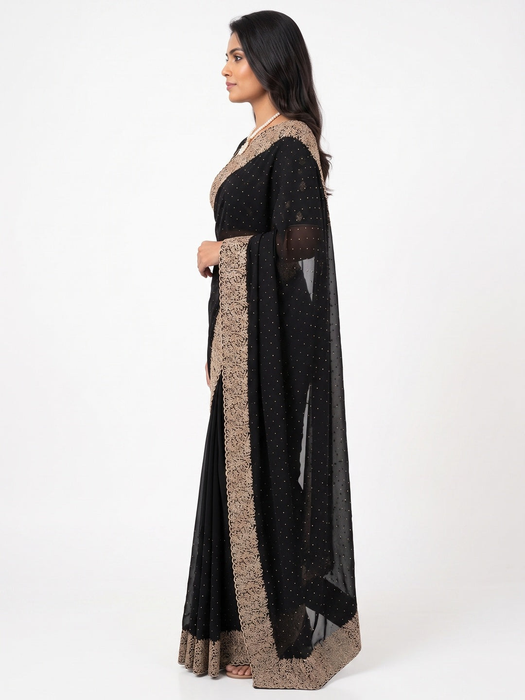 Black Zari Embroidered With Stonework Vichitra Silk Saree - Image 4
