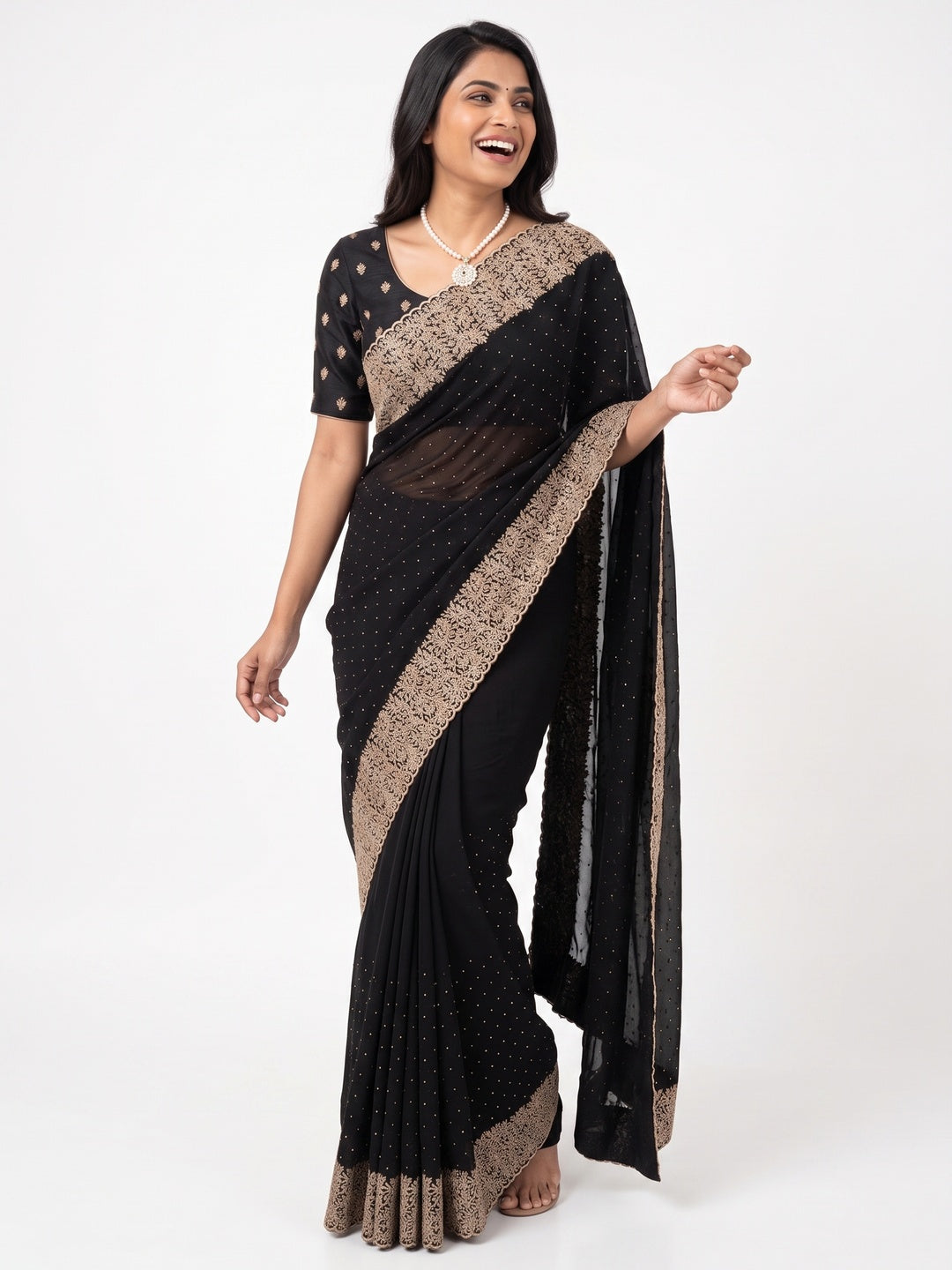 Black Zari Embroidered With Stonework Vichitra Silk Saree - Image 5