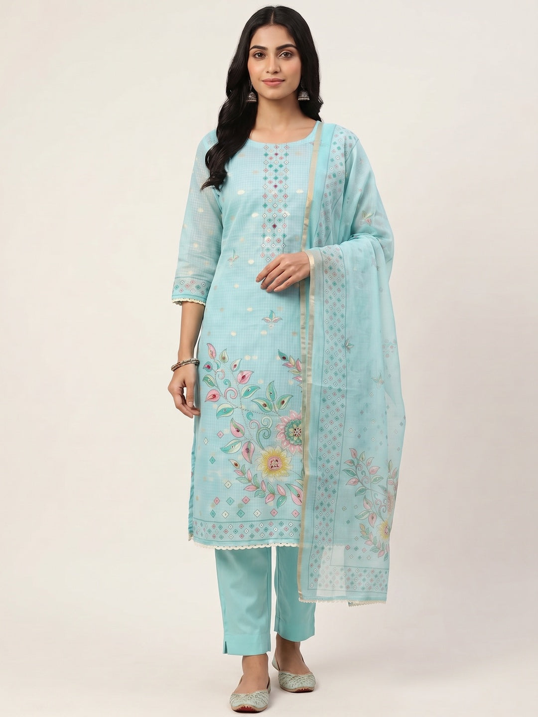 Peachmode Turquoise Kota Doria Dress Material with Floral Print - Image 1
