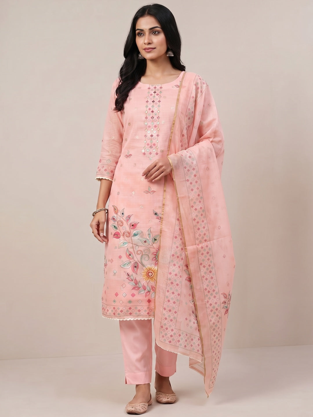 Peachmode Pink Kota Doria Dress Material with Floral - Image 1