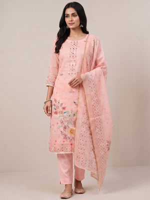 Peachmode Pink Kota Doria Dress Material with Floral - Image 1