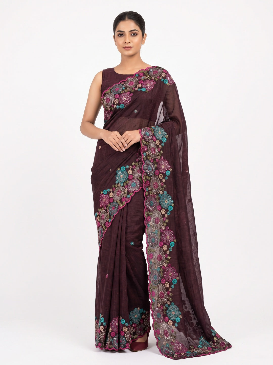 Wine Sheer Chiffon Saree with Artistic Floral Sequins Work - Image 1