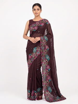 Wine Sheer Chiffon Saree with Artistic Floral Sequins Work - Image 1